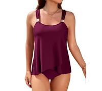 Nadeer Tankini Damen Bauchweg Ruffle Zweiteilige Badeanzüge Tankini Oberteil mit Badeshorts Elegant Bikini Set High Waist Bademode für Strand(Purpurrot,XL)