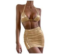 Nadunje Damen Bikini Set mit Pailletten Badeanzüge Zweiteiliger Bauchweg Glitzer V-Ausschnitt Bikini-Oberteil Und High Waist Bikinihose Und Bikini Rock Sexy Bademode Set Damen Strandmode Swimsuits