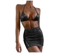 Nadunje Damen Bikini Set mit Pailletten Badeanzüge Zweiteiliger Bauchweg Glitzer V-Ausschnitt Bikini-Oberteil Und High Waist Bikinihose Und Bikini Rock Sexy Bademode Set Damen Strandmode Swimsuits