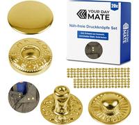 Näh-freie Druckknöpfe, Ø 12,5 mm, 20 Paare, in Golden, Set ohne Werkzeug, Stoffclips für DIY, Druckknopf mit Ringfeder Verschluss, Reparatur Metall Knöpfe, Ersatz Knopf Nähzubehör, Ringfederdruckknopf