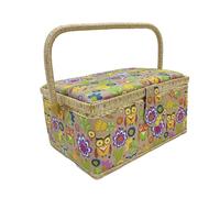 Nähkästchen aus Holz, mit Stoff ausgekleidet, mit 8 Fächern, Organizer mit Nadelfach, Aufbewahrungsbox mit Griff und Tablett, (Eulen, mittel)