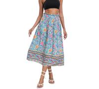 Naggoo Damenrock, hohe, elastische Taille, lässiger Rock, plissiert, mit Blumenmuster oder einfarbig, Midi-Rock mit Taschen, Grüner Boho., Mittel