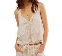 Naileksi Ärmelloses Crop-Top für Damen, Chiffon, gerüscht, Rundhalsausschnitt, fließend, Knopfleiste vorne, zum Binden vorne, Weiss/opulenter Garten, Klein