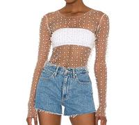 Naileksi Damen-Bluse mit Perlen und Strasssteinen, durchsichtig, langärmelig, schmale Passform, bauchfreies Hemd, Clubwear, Hautfarben, Small
