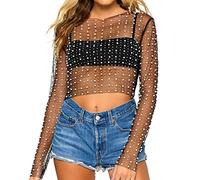 Naileksi Damen-Bluse mit Perlen und Strasssteinen, durchsichtig, sexy, durchsichtig, langärmelig, schmale Passform, bauchfreie Bluse, Hemd, Clubwear, Schwarz, Klein