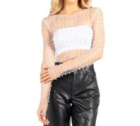Naileksi Damen-Bluse mit Perlen und Strasssteinen, durchsichtig, sexy, durchsichtig, langärmelig, schmale Passform, bauchfreie Bluse, Hemd, Clubwear, Weiss/opulenter Garten, Klein