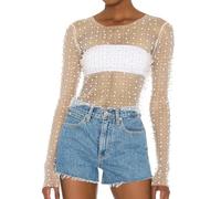 Naileksi Damen-Bluse mit Perlen und Strasssteinen, durchsichtig, sexy, durchsichtig, langärmelig, schmale Passform, bauchfreie Bluse, Hemd, Clubwear, Elfenbein, Small