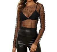 Naileksi Damen-Bluse mit Perlen und Strasssteinen, durchsichtig, sexy, durchsichtig, langärmelig, schmale Passform, bauchfreie Bluse, Hemd, Clubwear, Black Pearl, Groß