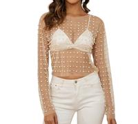 Naileksi Damen-Bluse mit Perlen und Strasssteinen, durchsichtig, sexy, durchsichtig, langärmelig, schmale Passform, bauchfreie Bluse, Hemd, Clubwear, Helles Braun, Large