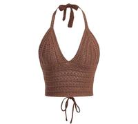 Naileksi Damen-Oberteil mit V-Ausschnitt, gehäkelt, Neckholder, bauchfrei, einfarbig, ärmellos, Schnürung, rückenfrei, gestrickt, Neckholder, Cami, Braun, Groß
