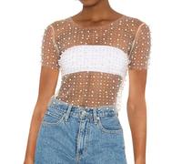 Naileksi Damen-T-Shirt mit Perlen-Strasssteinen, durchscheinend, Netzstoff, sexy, durchsichtig, kurze Ärmel, schmale Passform, bauchfreies T-Shirt, Club, Sommer, Hautfarben, Groß