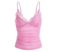 Naileksi Damen Y2k Cami Top mit Spitzenbesatz, Spaghettiträger, Fee, Grunge-Tanktop, V-Ausschnitt, gerüschte Schleife, Spitze, Patchwork-Cami-Shirt, Babyrosa, Groß