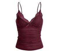 Naileksi Damen Y2k Cami Top mit Spitzenbesatz, Spaghettiträger, Fee, Grunge-Tanktop, V-Ausschnitt, gerüschte Schleife, Spitze, Patchwork-Cami-Shirt, Burgunder, Klein