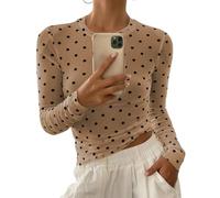 Naileksi Durchsichtiges Netz-Top für Damen, gepunktet, langärmelig, Rundhalsausschnitt, schmale Passform, lässiges T-Shirt, sexy Herbst-Lagen-Top, Khaki, Klein