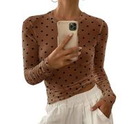 Naileksi Durchsichtiges Netz-Top für Damen, gepunktet, langärmelig, Rundhalsausschnitt, schmale Passform, lässiges T-Shirt, sexy Herbst-Lagen-Top, Braun, Groß