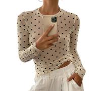 Naileksi Durchsichtiges Netz-Top für Damen, gepunktet, langärmelig, Rundhalsausschnitt, schmale Passform, lässiges T-Shirt, sexy Herbst-Lagen-Top, Beige, Klein