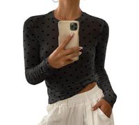Naileksi Durchsichtiges Netz-Top für Damen, gepunktet, langärmelig, Rundhalsausschnitt, schmale Passform, lässiges T-Shirt, sexy Herbst-Lagen-Top, Schwarz, Klein