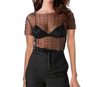 Naileksi Frauen Perlen Strass Sheer Mesh Crop Tee Top Sexy Durchsichtig Kurzarm Slim Fit Crop T-Shirt Club Sommer, Black Pearl, Mittel