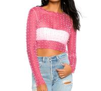 Naileksi Frauen Perlen Strass Sheer Mesh Crop Top Sexy Durchsichtig Langarm Slim Fit Cropped Bluse Shirt Clubwear, Knallpink (Hot Pink), Groß