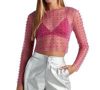 Naileksi Frauen Perlen Strass Sheer Mesh Crop Top Sexy Durchsichtig Langarm Slim Fit Cropped Bluse Shirt Clubwear, Rosa Perle, Groß