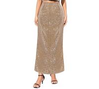 Naimo Damenrock mit Pailletten, hohe Taille, Bodycon Maxirock mit Schlitz A-Linie, elegant, Cocktail-Party, langer Rock, Khaki, M