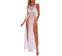 Najiny Sexy Kleid aus transparentem Netzstoff mit hoher Öffnung, langes Bikini-Cover-Up für Bikini, Netzoberteile, Strandbekleidung, Strandkleid, Kleid für Damen, weiß, onesize