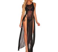 Najiny Sexy Kleid aus transparentem Netzstoff mit hoher Öffnung, langes Bikini Cover Up für Bikini, Netzoberteile, Strandbekleidung, Strandkleid für Damen, Schwarz , One size