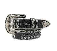 NALANY Damen Männer Mode Strass Gürtel Mit Gravierter Blume Silberschnalle,Western Cowgirl Hohlkreuz Nieten Punk Schwarze Kristall Ledergürtel Für Jeans(100cm/39, Black)