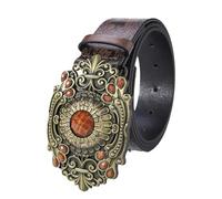 NALANY Damen Prägung Ledergürtel Vintage Westerngürtel Cowboy Cowgirl Country Gürtel Mit Orangefarbene Edelsteine Geschnitztes Schnalle Druckknöpfe Verschluss(115cm/45, Brown)