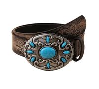 NALANY Geprägte Gürtel für Damen Blumenmuster Ledergürtel Mit Western Türkis Oval Floral Gravur Schnalle Jeansgürtel Für Jeans Anzug(105cm/waist:34"~36, Style 2)