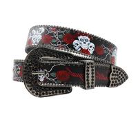 NALANY Gürtel für Männer und Frauen, Cowgirl Cowboy Rote Rosen und Totenköpfe Muster Nieten-Ledergürtel, Western Glitzer Strass-Schnalle für Jeans, Hosen, Kleider(115cm/45, Black)