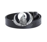 NALANY Handgefertigter Ledergürte Herren Western Cowboy Gürtel Aus Leder Mit Wildem Tier-Wolfskopf Und Vollmond Geschnitzter Schnalle Für Jeans Hosen(100cm/waist:33", Black)