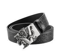 NALANY Handgefertigter Straußengürtel Mit Ratsche Ledergürtel Automatikschließe Geschnitztes Drache,Leder Western Stil Gürtel Für Männer,Breit 35mm,Größe Angepasst(120cm/47, Black02)