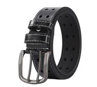 NALANY Handgemachter Gesteppter Ledergürtel Herren Heavy Duty Gürtel Aus Leder Mit Doppeldorn Schnalle, Doppel-Loch ösen Jeansgürtel Kürzbar(120cm/47, Black)