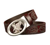 NALANY Herren Gürtel Ratsche Automatik Ledergürtel Dekoration Mit Vintage-gürtelschnalle Western Hohl Adler Silber Automatikschließe Für Business Anzug,35mm Breit(115cm/waist:39", Brown)