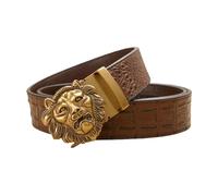 NALANY Herren Ratsche Gürtel Mit Western Gold Löwenkopf Automatischem Schnallen,Modisch Dekorativer Krokodilmuster Ledergürtel Verstellbare Abnehmbar Unisex(120cm/47, Brown)