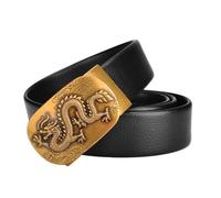 NALANY Herren Ratsche Ledergürtel Schwarz 100-200cm Extra Langer Prägung Gürtel Mit Automatikschließe Geschnitztes König Der Löwen Löwenkopf Tier Gürtelschnalle Verstellbarer(155cm/61, Dragon)