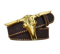 NALANY Nietengürtel Prägung Ledergürtel Für Männer Western Cowboy Stier Bulle Longhorn Gravierte Gold Gürtelschnalle Für Casual Jeans Hosen(105cm/waist:35", Black)