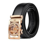 NALANY Unisex Herren Gürtel Schwarze Ledergürtel Ratsche Automatikschließe mit Vintage Gravur Jagd Wolf Kopf Dekorative Gürtelschnallen Business Anzug(130cm/waist:45", Gold)