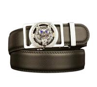 NALANY Unisex Herren Gürtel Schwarze Ledergürtel Ratsche Automatikschließe mit Vintage Gravur Jagd Wolf Kopf Dekorative Gürtelschnallen Business Anzug(120cm/waist:41", Silver)