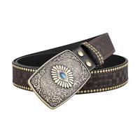 NALANY Western Leder Nietengürtel Cowboy Cowgirl Mit Eingelegter Türkis Farbener Schnalle Blumen Geprägte Gürtel Für Frauen Männer,3.8cm Breit(115cm/45, A)