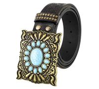 NALANY Western Leder Nietengürtel Cowboy Cowgirl Mit Eingelegter Türkis Farbener Schnalle Blumen Geprägte Gürtel Für Frauen Männer,3.8cm Breit(115cm/45, B)