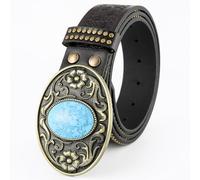 NALANY Western Leder Nietengürtel Cowboy Cowgirl Mit Eingelegter Türkis Farbener Schnalle Blumen Geprägte Gürtel Für Frauen Männer,3.8cm Breit(105cm/41, C)