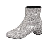 NaLatia Damenstiefel Glänzend Silber Kurze Stiefeletten Dickem Absatz und Seitlichem Reißverschluss Mode Kurzstiefel Britischen Stil Kunstleder Stiefel Frauen Karneval Party Damenschuhe