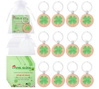 Namalu 12 Viel Glück Geschenke Set Inkl. 12 Kleeblätter Glücksbringer Schlüsselanhänger Rund Holz Glücksbringer 12 Kleeblatt Grußkarte 12 Organzabeutel für Frauen Freundin Kollegen(Klassische Runde)