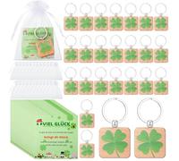 Namalu 24 Viel Glück Geschenke Set Inkl. 24 Kleeblätter Glücksbringer Schlüsselanhänger Holz Kleeblatt Glücksbringer 24 Kleeblatt Grußkarte 24 Organzabeutel für Frauen Kollegen(Quadrat)