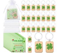 Namalu 24 Viel Glück Geschenke Set Inkl. 24 Kleeblätter Glücksbringer Schlüsselanhänger Holz Kleeblatt Glücksbringer 24 Kleeblatt Grußkarte 24 Organzabeutel für Frauen(Rechteck)