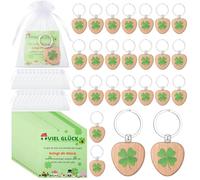 Namalu 24 Viel Glück Geschenke Set Inkl. 24 Kleeblätter Glücksbringer Schlüsselanhänger Holz Kleeblatt Glücksbringer 24 Kleeblatt Grußkarte 24 Organzabeutel für Frauen Kollegen(Liebesherz)