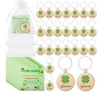 Namalu 24 Viel Glück Geschenke Set Inkl. 24 Kleeblätter Glücksbringer Schlüsselanhänger Holz Kleeblatt Glücksbringer 24 Kleeblatt Grußkarte 24 Organzabeutel für Frauen(Runden Glücksbringer)