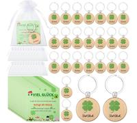 Namalu 24 Viel Glück Geschenke Set Inkl. 24 Kleeblätter Glücksbringer Schlüsselanhänger Holz Kleeblatt Glücksbringer 24 Kleeblatt Grußkarte 24 Organzabeutel für Frauen(Runden Viel Glück)